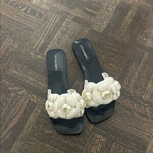 Jeffrey Campbell Black Slides with Cream Floral Appliqué